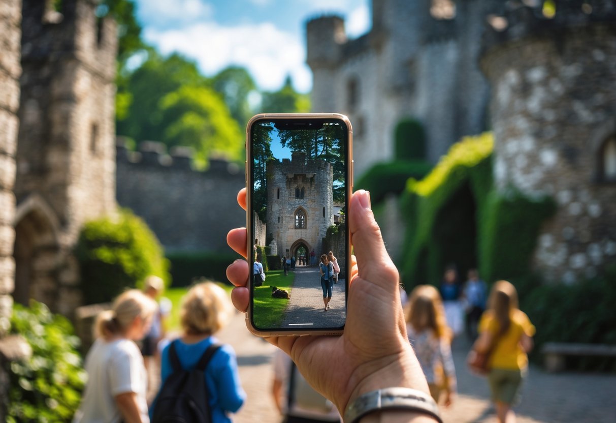 Visitors exploring the outdoor grounds of Bran Castle and Peles Castle with stone walls and greenery in the background.