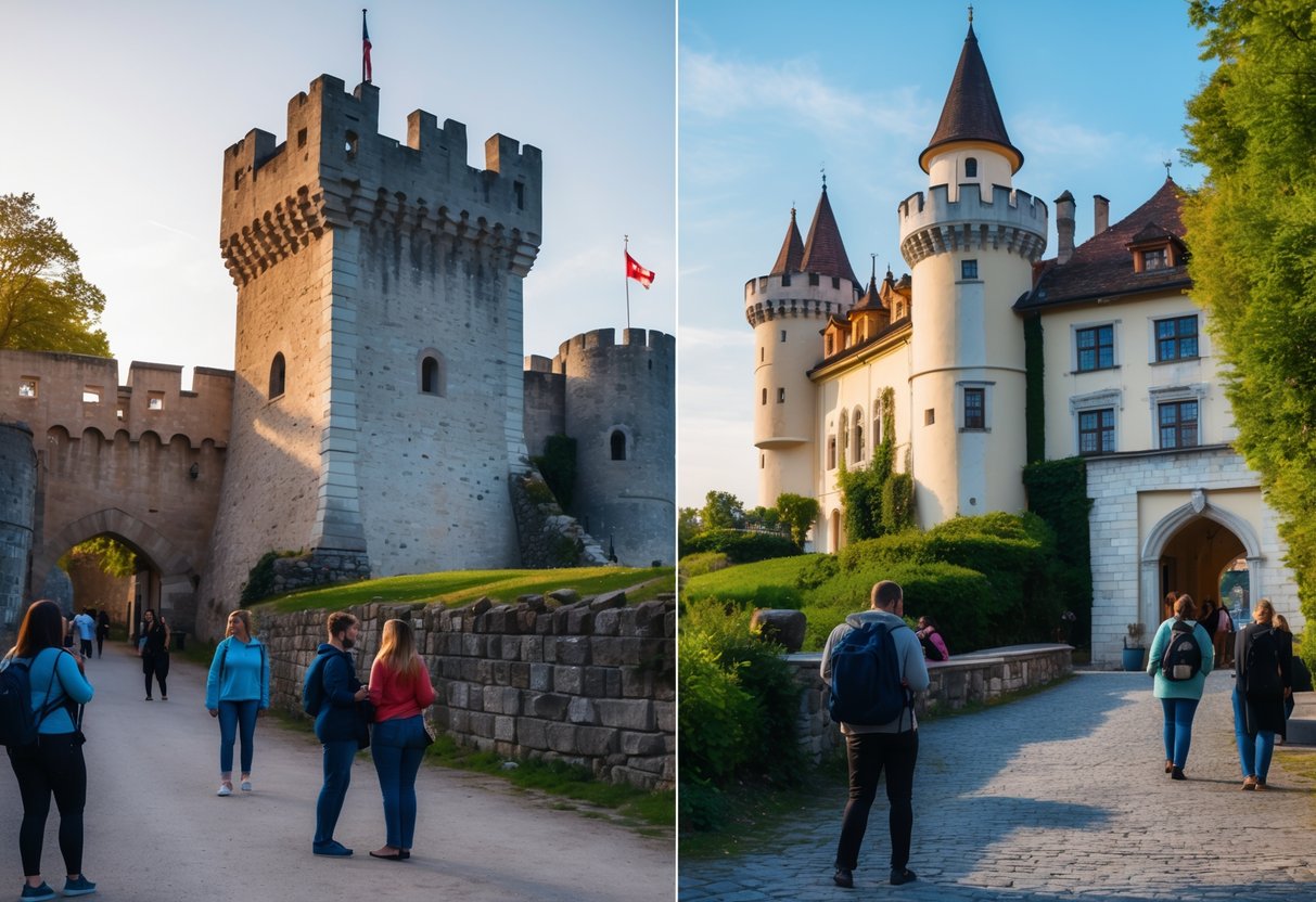 A daytime view showing Bran Castle and Peles Castle with tourists exploring the area.
