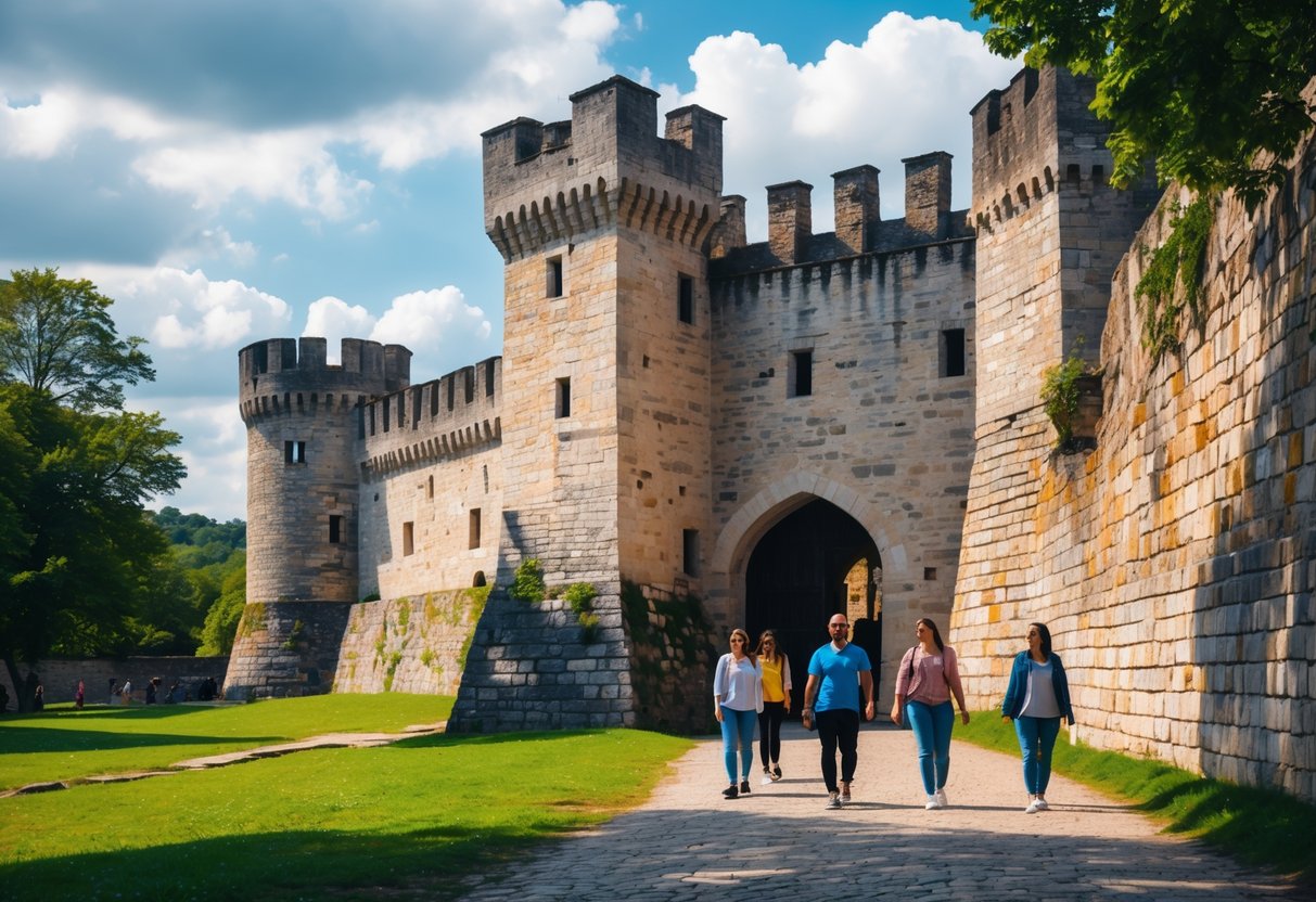 Bran Castle with tourists walking near the entrance under a partly cloudy sky surrounded by trees.