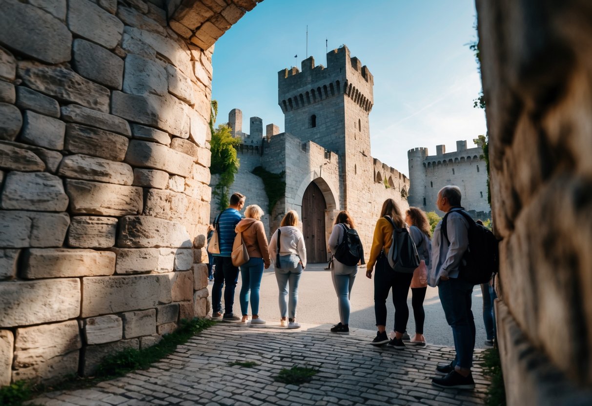 Tourists standing near the entrance of Bran Castle with the medieval fortress visible in the background on a clear day.