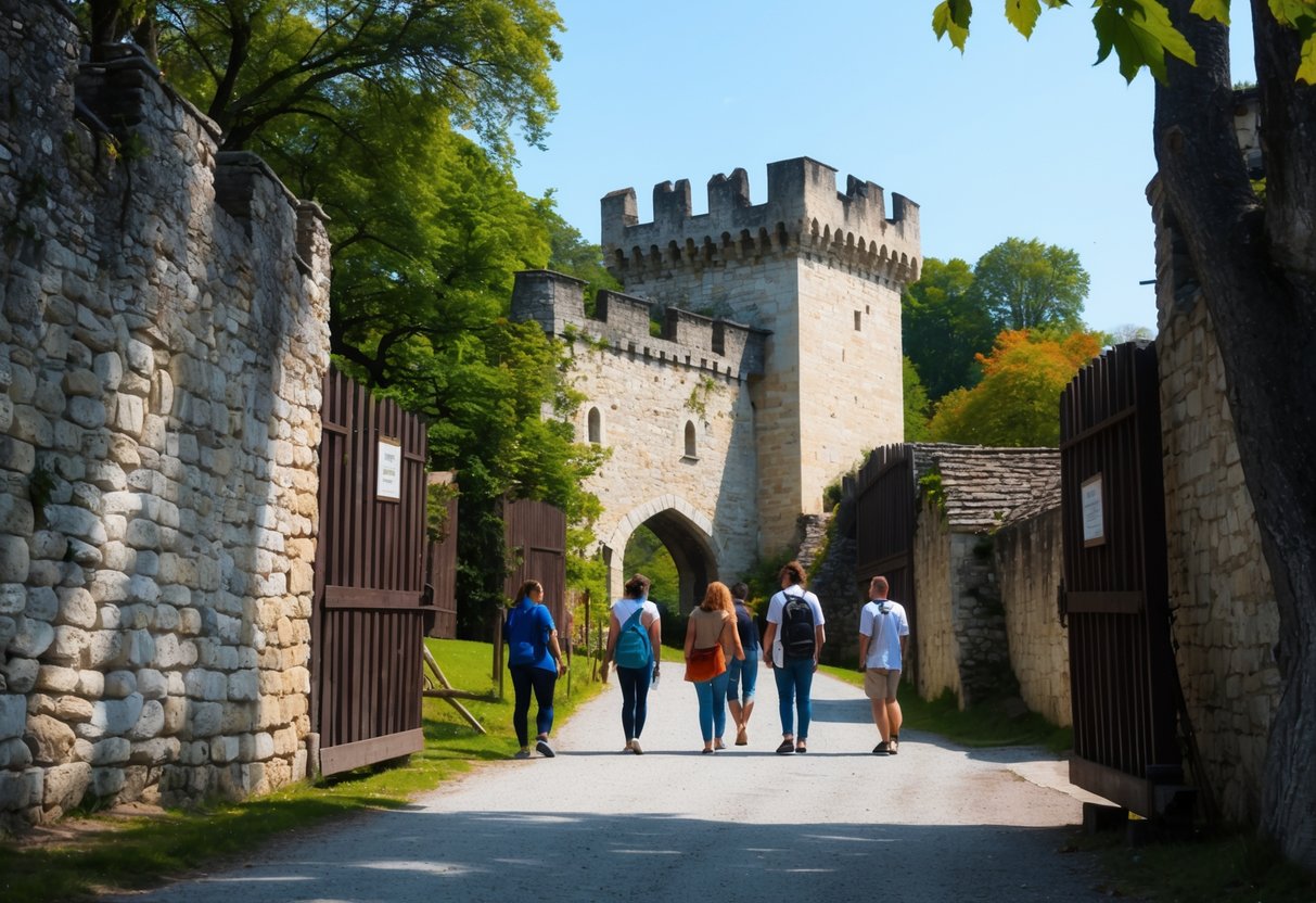 Visitors exploring Bran Castle on a sunny day with the historic stone castle and surrounding trees in view.