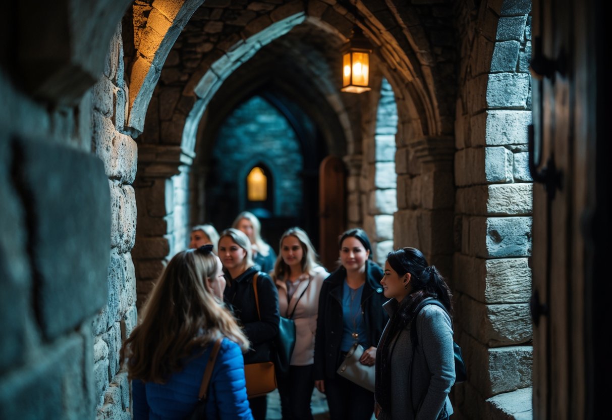 A group of tourists walking through a dimly lit stone hallway inside Dracula's Castle during a tour.
