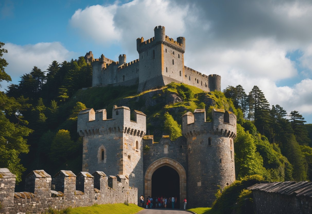 Bran Castle on a hill surrounded by green trees under a partly cloudy sky with a few visitors near the entrance.